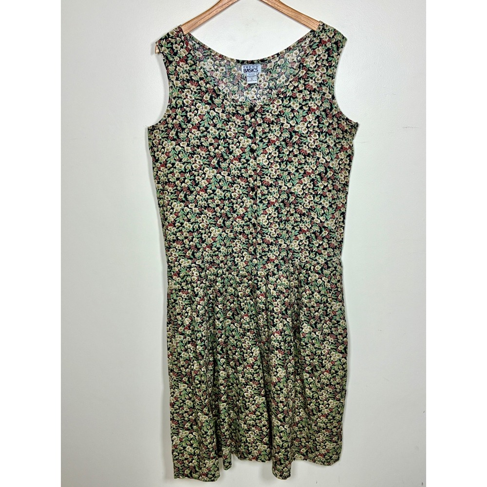 VTG 90s Calico Floral Jumper Dress Size L Dropped Waist Teacher Cotton Modest